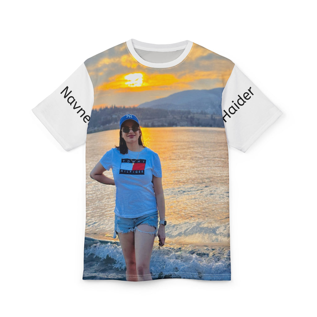 Personalized Photo All-Over Print Tee — Sunset Beach Portrait Shirt